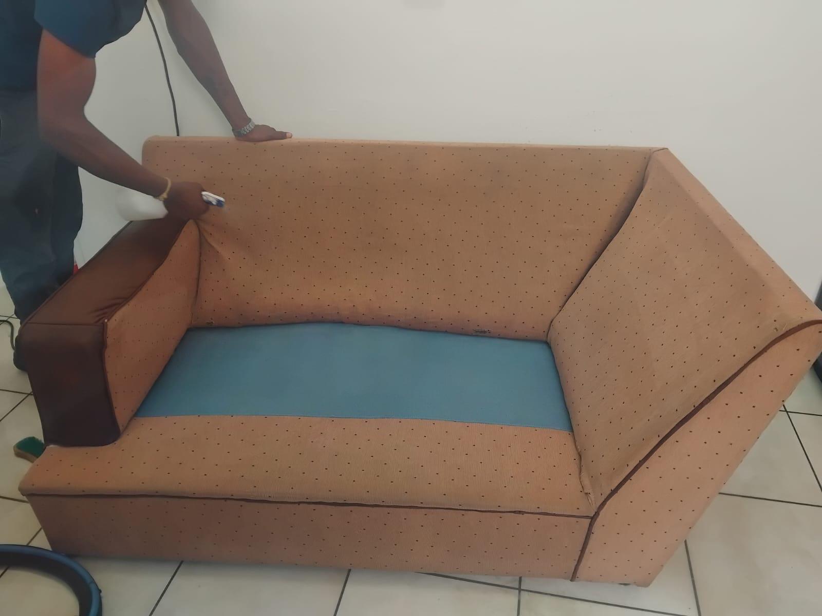 Technician cleaning fabric sofa